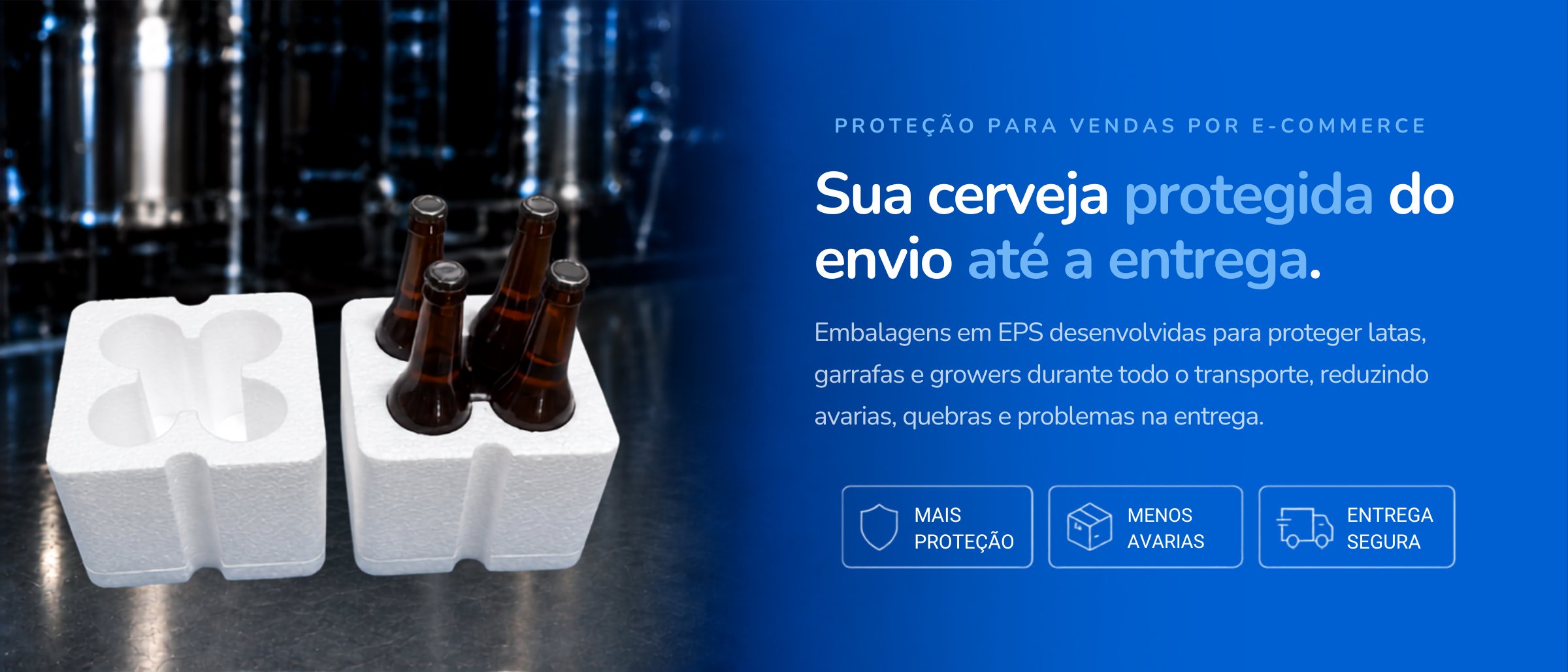 Banner Recorteps: calço de EPS aberto mostrando latas de cerveja protegidas dentro da caixa, com o texto 'Sua cerveja protegida do envio até a entrega'.
