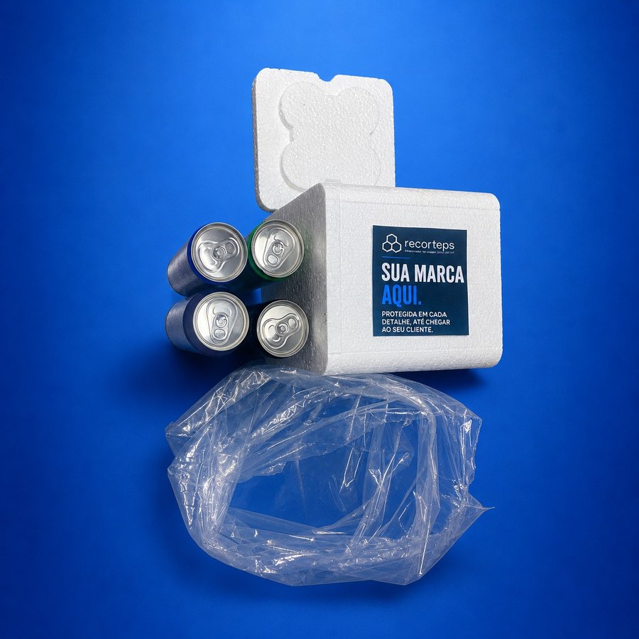 Kit promocional em EPS com quatro latas de cerveja, etiqueta personalizável e filme termoencolhível